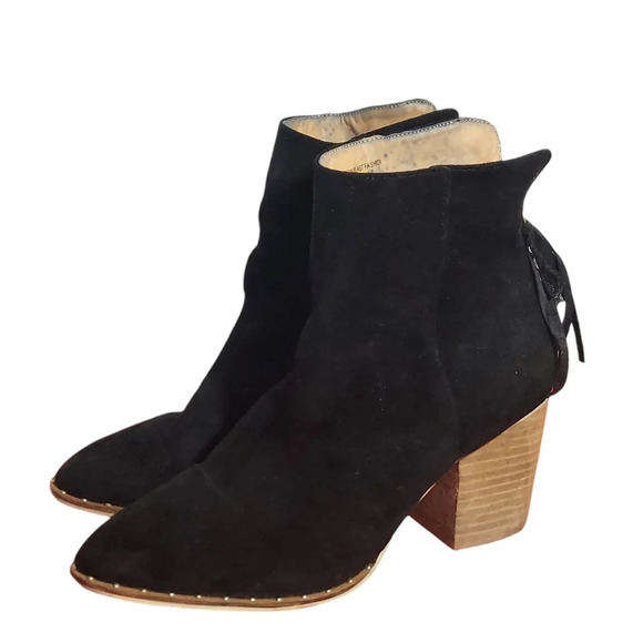 Black Vegan Suede Copper Riveted Block Heel Pointed Toe Booties - Picture 1 of 15